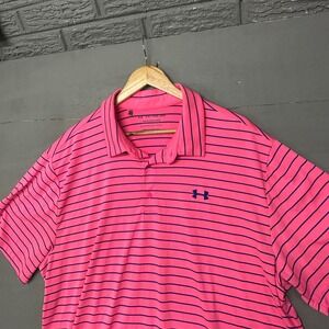 Under Armour Playoff Polo Shirt Pink Navy Stripe XXL Loose Fit Golf Athletic